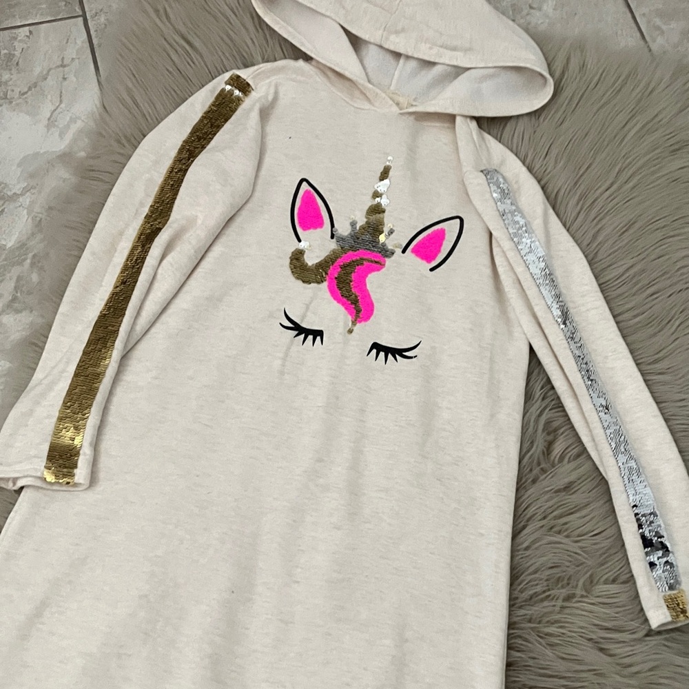 BTWEEN Big Girls Unicorn Sequins Design Sweatshirt Hooded Dress | 10